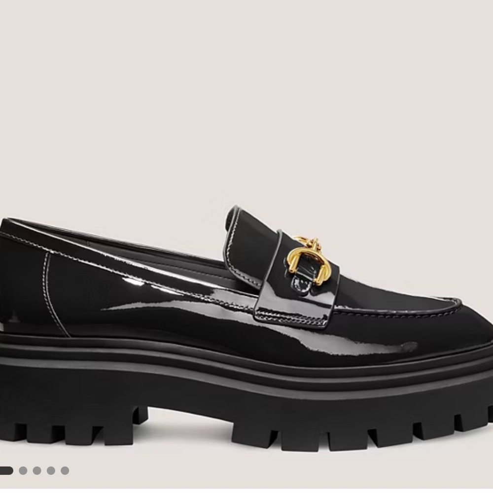 Stuart Weitzman Black Patent Leather Lug Sole Loafers with Gold Buckle